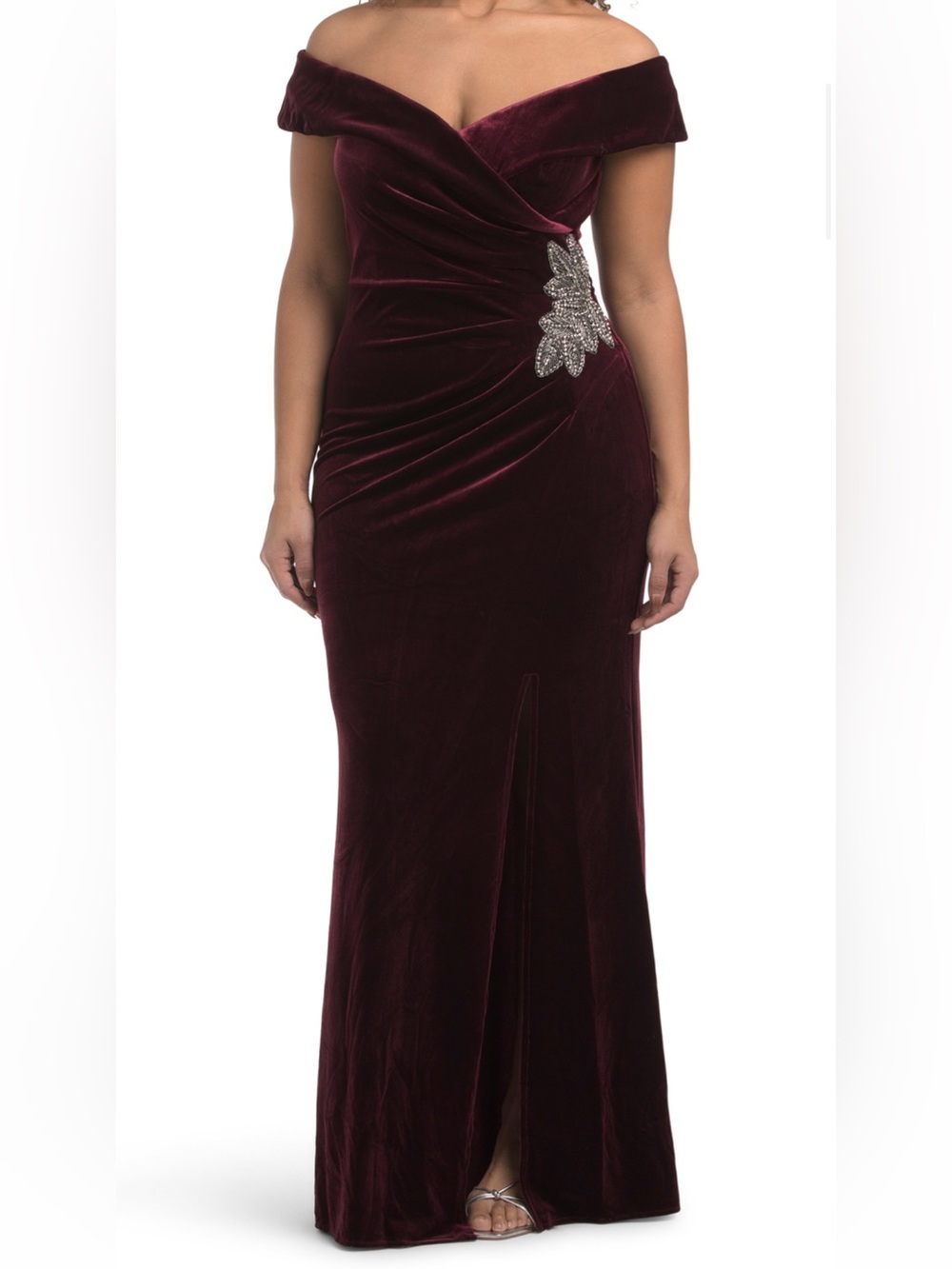 Alex Evenings Burgundy Velvet Maxi Skirt with Silver Beaded Accent